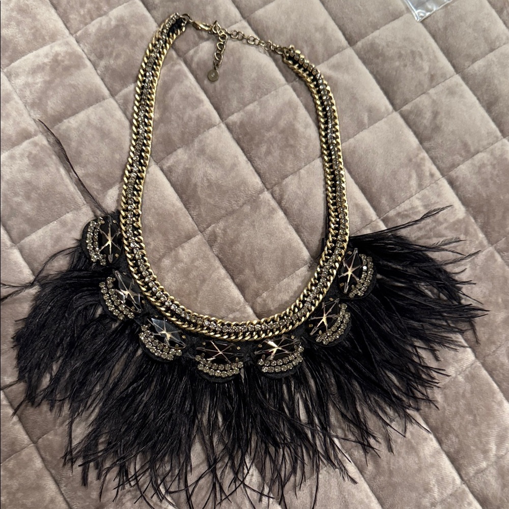 Gold Chain and Black Feather Statement Necklace